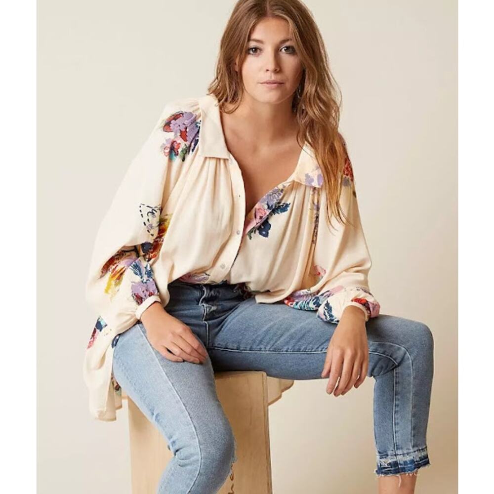 Free People Meadow Lark Blouse S Button-Up Long Sleeve Floral Cream Oversize